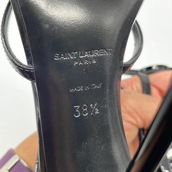 Saint Laurent YSL black on black cassandra strappy heels patent leather 38.5 - Picture 7 of 8